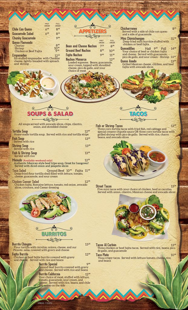 Monarca Bar and Grill Conroe Menu for Appetizers, soups, salads, tacos and burritos.